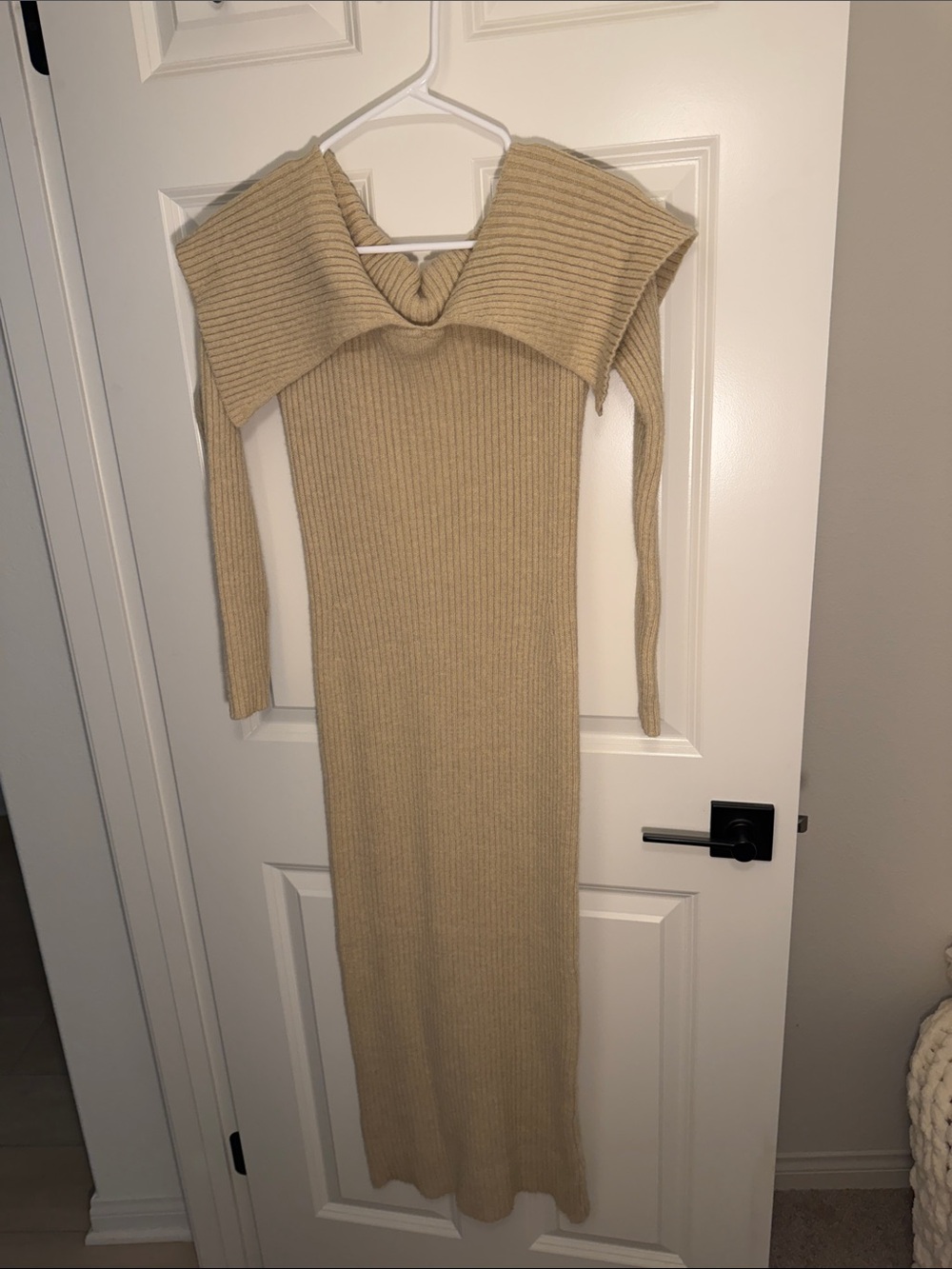 Nasty Gal Beige Ribbed Off-Shoulder Maxi Dress